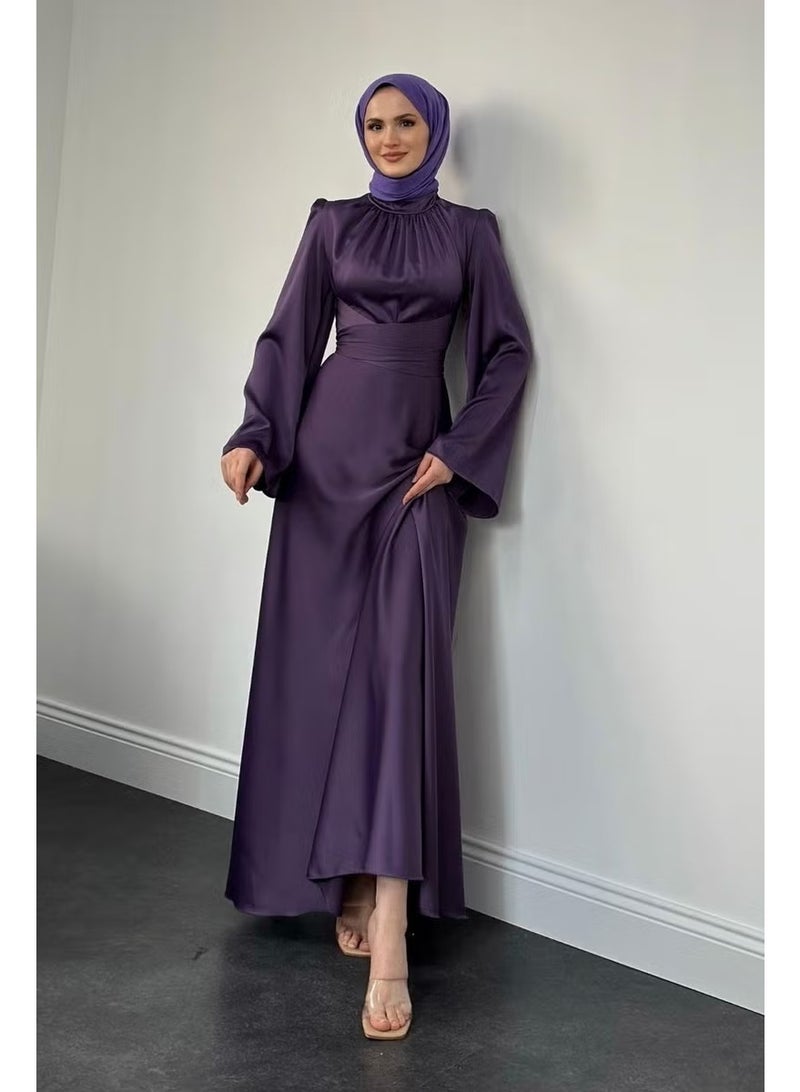 Merven Akyüz Violet Spanish Sleeve Waist Tie Satin Dress Lilac - Image 1